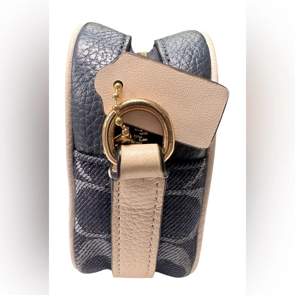 Coach Mini Dempsey Camera Bag in Signature Denim with Rainbow Web Strap